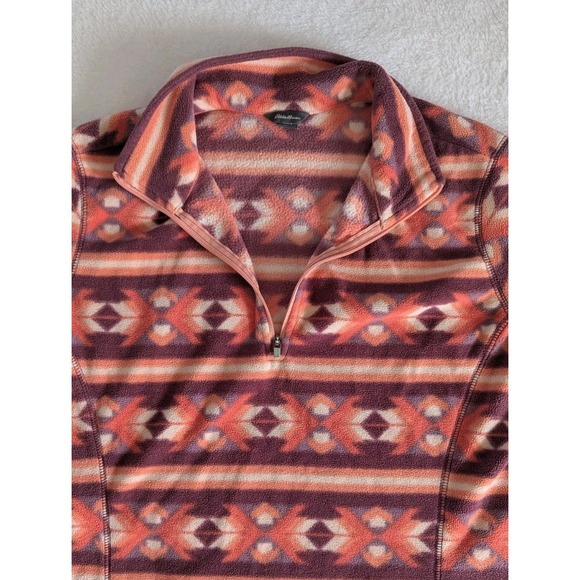 Eddie Bauer Aztec Print 1/4 Zip Fleece Women's Size L Red & Orange Cabin Hiking - Picture 3 of 8